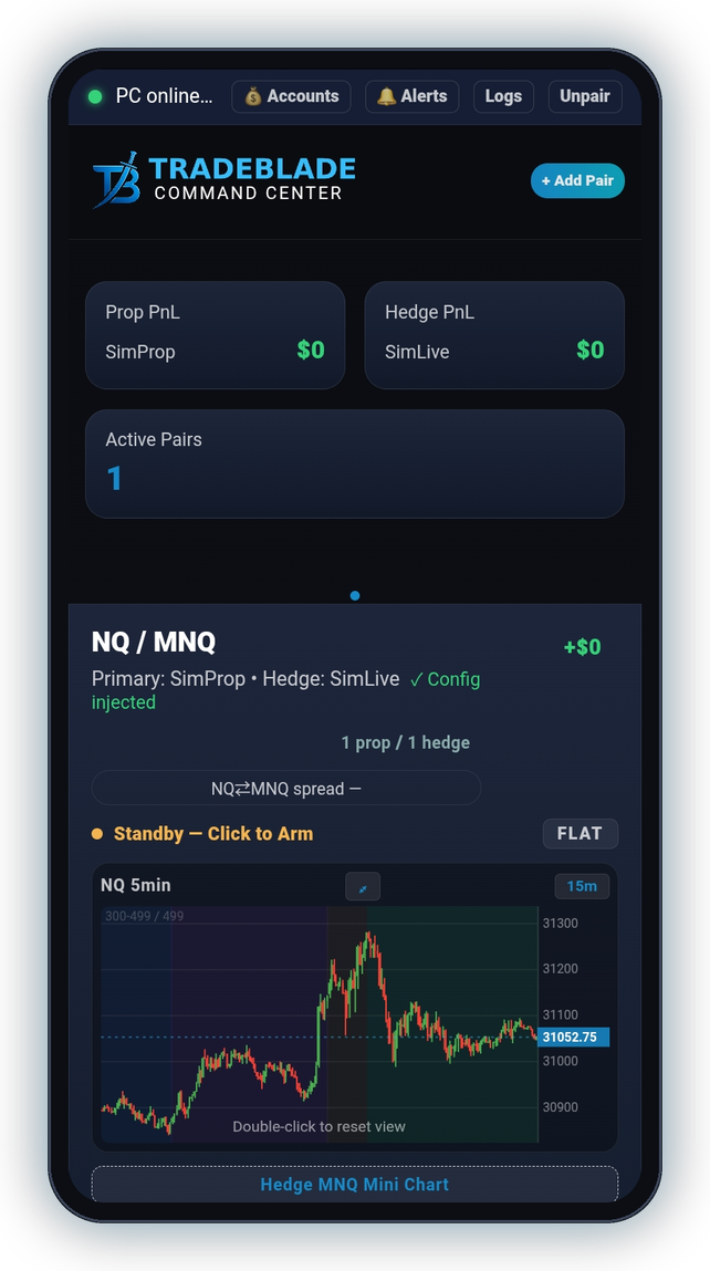 The TradeBlade phone app showing a live pair card